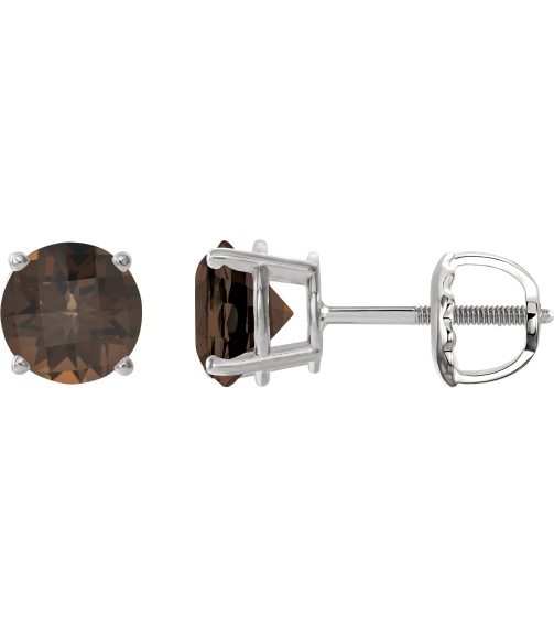 1874 14K White Set Round Natural Smoky Quartz Pair 8 Mm Threaded Threaded Backs Included 4-Prong Polished Natural Smoky Quartz Stud Earrings