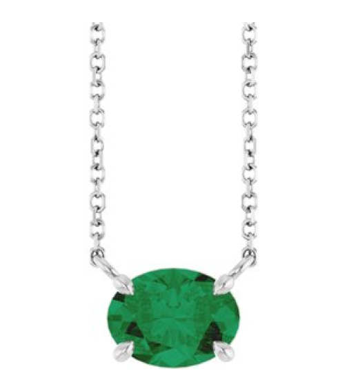 88788 Necklace Set 14K White Oval Lab-Grown Emerald 8 X 6 Mm 18 In Polished Lab-Grown Emerald 4-Claw Prong Necklace