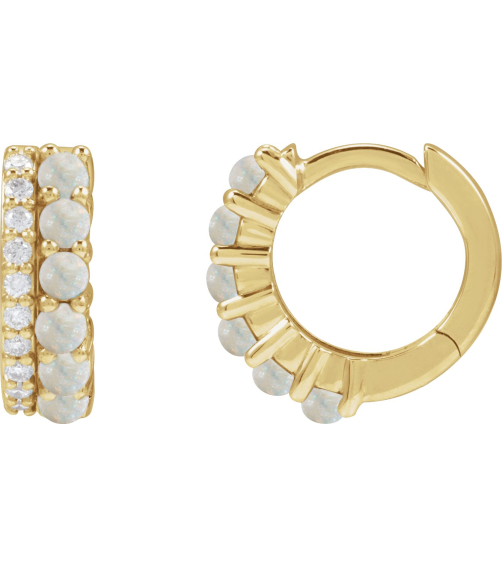 88701 Earring Set Natural White Opal Round 2 Mm 14K Yellow Natural Diamond Pair Hinged Polished Natural White Opal And 18 Ctw Natural Diamond Huggie Earrings