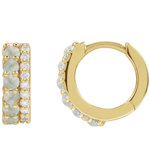 88701 Earring Set Natural White Opal Round 2 Mm 14K Yellow Natural Diamond Pair Hinged Polished Natural White Opal And 18 Ctw Natural Diamond Huggie Earrings