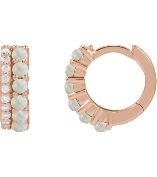 88701 Earring Set Natural White Opal Round 2 Mm 14K Rose Natural Diamond Pair Hinged Polished Natural White Opal And 18 Ctw Natural Diamond Huggie Earrings