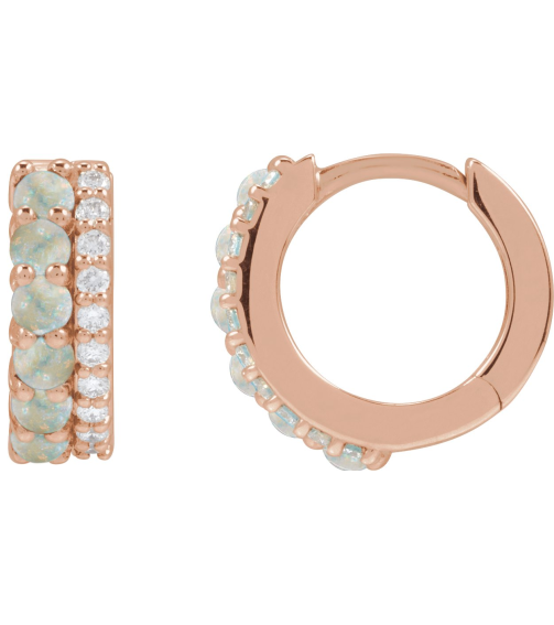 88701 Earring Set Natural White Opal Round 2 Mm 14K Rose Natural Diamond Pair Hinged Polished Natural White Opal And 18 Ctw Natural Diamond Huggie Earrings