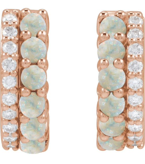 88701 Earring Set Natural White Opal Round 2 Mm 14K Rose Natural Diamond Pair Hinged Polished Natural White Opal And 18 Ctw Natural Diamond Huggie Earrings