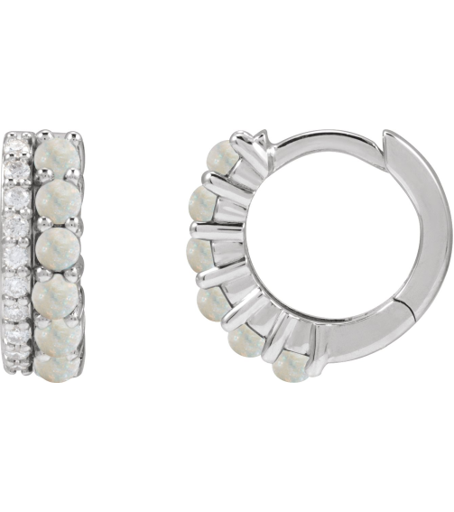88701 Earring Set Natural White Opal Round 2 Mm 14K White Natural Diamond Pair Hinged Polished Natural White Opal And 18 Ctw Natural Diamond Huggie Earrings