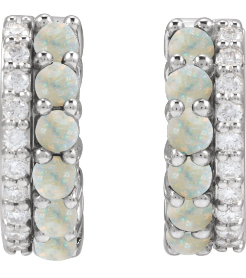 88701 Earring Set Natural White Opal Round 2 Mm 14K White Natural Diamond Pair Hinged Polished Natural White Opal And 18 Ctw Natural Diamond Huggie Earrings