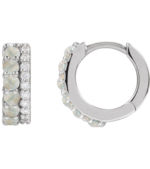 88701 Earring Set Natural White Opal Round 2 Mm 14K White Natural Diamond Pair Hinged Polished Natural White Opal And 18 Ctw Natural Diamond Huggie Earrings