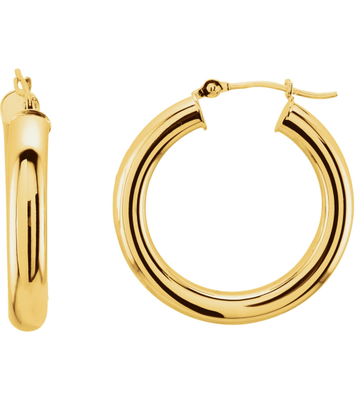 20270 Earring 14K Yellow 25 Mm 4 Mm Pair Catch Polished Round Tube Hoop Earrings