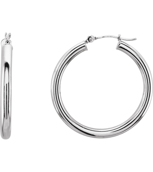 20270 Earring 14K White 25 Mm 3 Mm Pair Catch Polished Round Tube Hoop Earrings