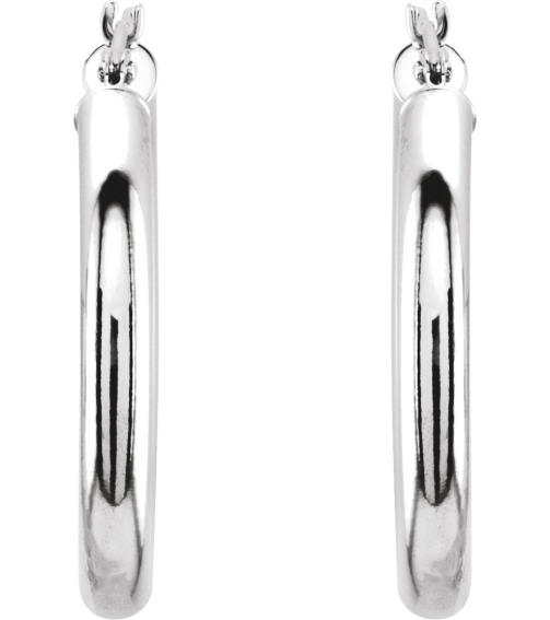20270 Earring 14K White 25 Mm 3 Mm Pair Catch Polished Round Tube Hoop Earrings