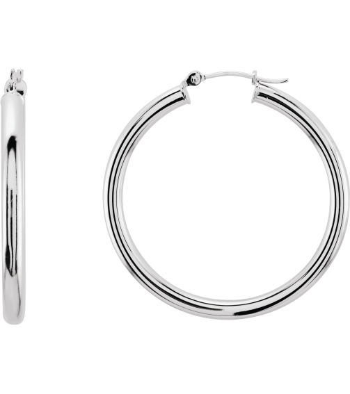 20270 Earring 14K White 35 Mm 3 Mm Pair Catch Polished Round Tube Hoop Earrings