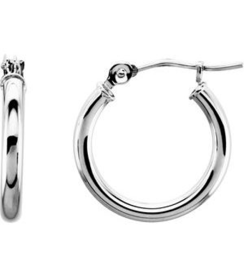 20270 Earring 14K White 15 Mm 2 Mm Pair Catch Polished Round Tube Hoop Earrings