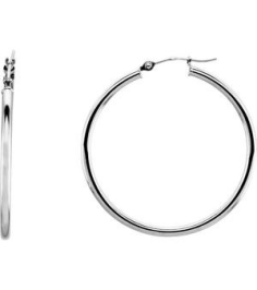 20270 Earring 14K White 34 Mm 2 Mm Pair Catch Polished Round Tube Hoop Earrings