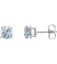 1874 14K White Set Round Natural Aquamarine Pair 6 Mm Friction Friction Backs Included 4-Prong Polished Natural Aquamarine Stud Earrings