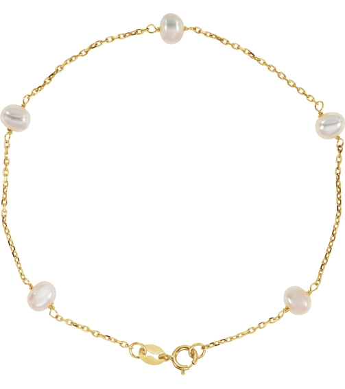 Brc1810 Bracelet Set 14K Yellow Pearl Cultured White Freshwater Pearl 4.25 Mm 7 In Polished Cultured White Pearl Station Bracelet