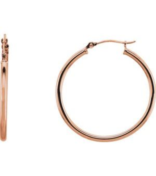 20270 Earring 14K Rose 30 Mm 2 Mm Pair Catch Polished Round Tube Hoop Earrings