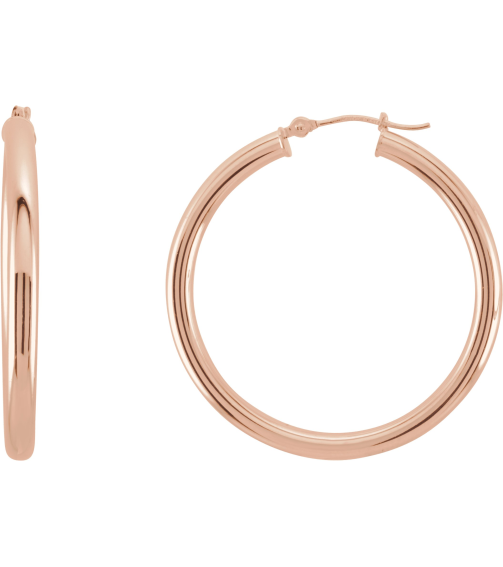 20270 Earring 14K Rose 35 Mm 3 Mm Pair Catch Polished Round Tube Hoop Earrings