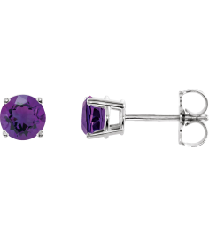 1874 14K White Set Round Natural Amethyst Pair 5 Mm Friction Friction Backs Included 4-Prong Polished Natural Amethyst Stud Earrings