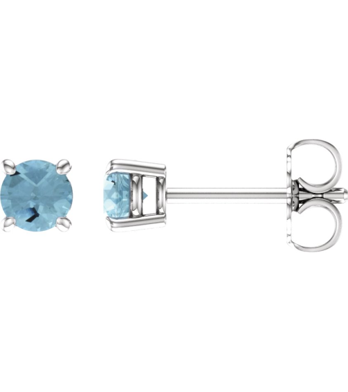 1874 14K White Set Round Natural Aquamarine Pair 4 Mm Friction Friction Backs Included 4-Prong Polished Natural Aquamarine Stud Earrings