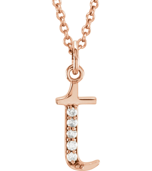 85803 Necklace Set 14K Rose Initial T Natural Diamond Round 1 Mm I1, G-H 0.025 Ctw 16 In Polished .025 Ctw Natural Diamond Initial Necklace