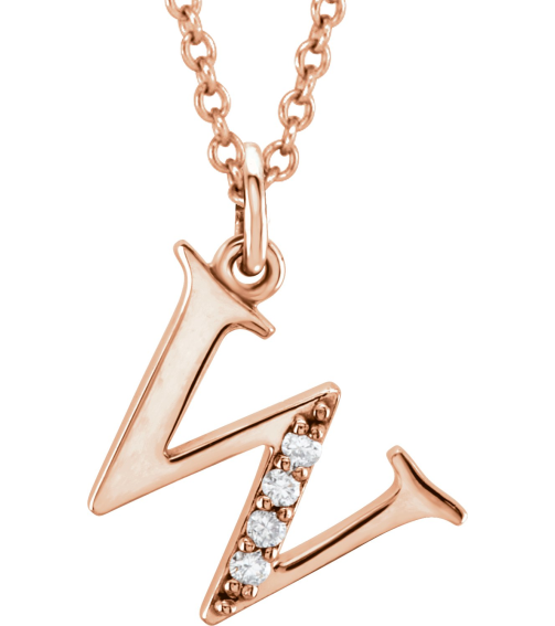 85803 Necklace Set 14K Rose Initial W Natural Diamond Round 1 Mm I1, G-H 0.02 Ctw 16 In Polished .02 Ctw Natural Diamond Initial Necklace