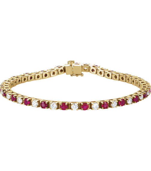 Brc12 Bracelet Set 14K Yellow Round Natural Ruby Natural Diamond 3Mm 2 13 Ctw I1, G-H 7 In Polished Line Bracelet