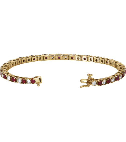 Brc12 Bracelet Set 14K Yellow Round Natural Ruby Natural Diamond 3Mm 2 13 Ctw I1, G-H 7 In Polished Line Bracelet