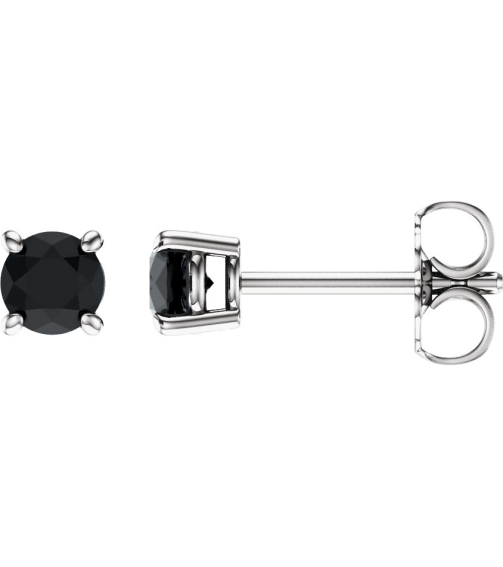 1874 14K White Set Round Natural Black Onyx Pair 4 Mm Friction Friction Backs Included 4-Prong Polished Natural Black Onyx Stud Earrings